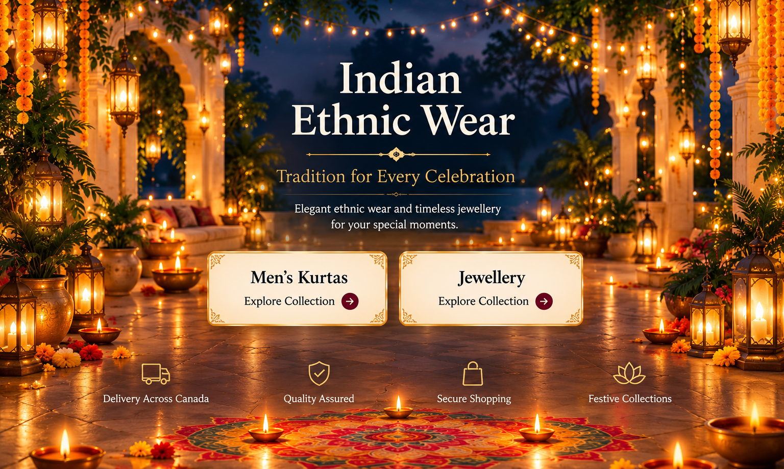 Indian Ethnic Wear festive night home page with Kurta and Jewellery collections