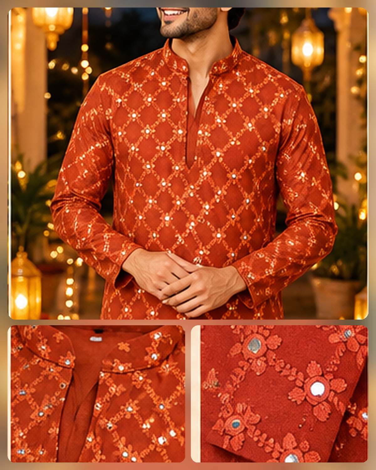 Rust / Orange Mirror-Work Kurta