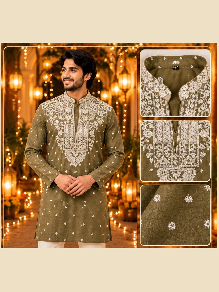 Olive Green Embroidered Kurta