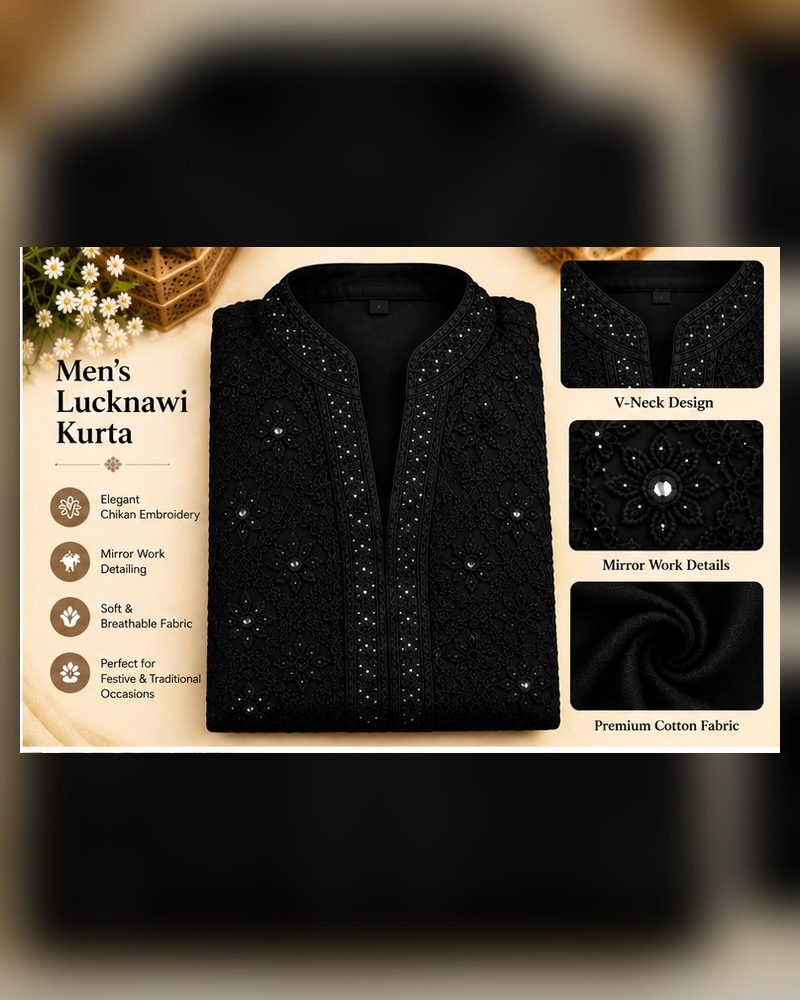 Black Lucknawi V-Neck Kurta