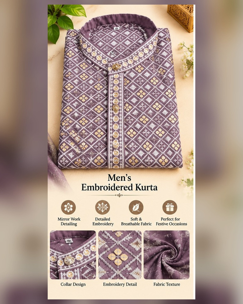 Mauve Embroidered Mirror-Work Kurta
