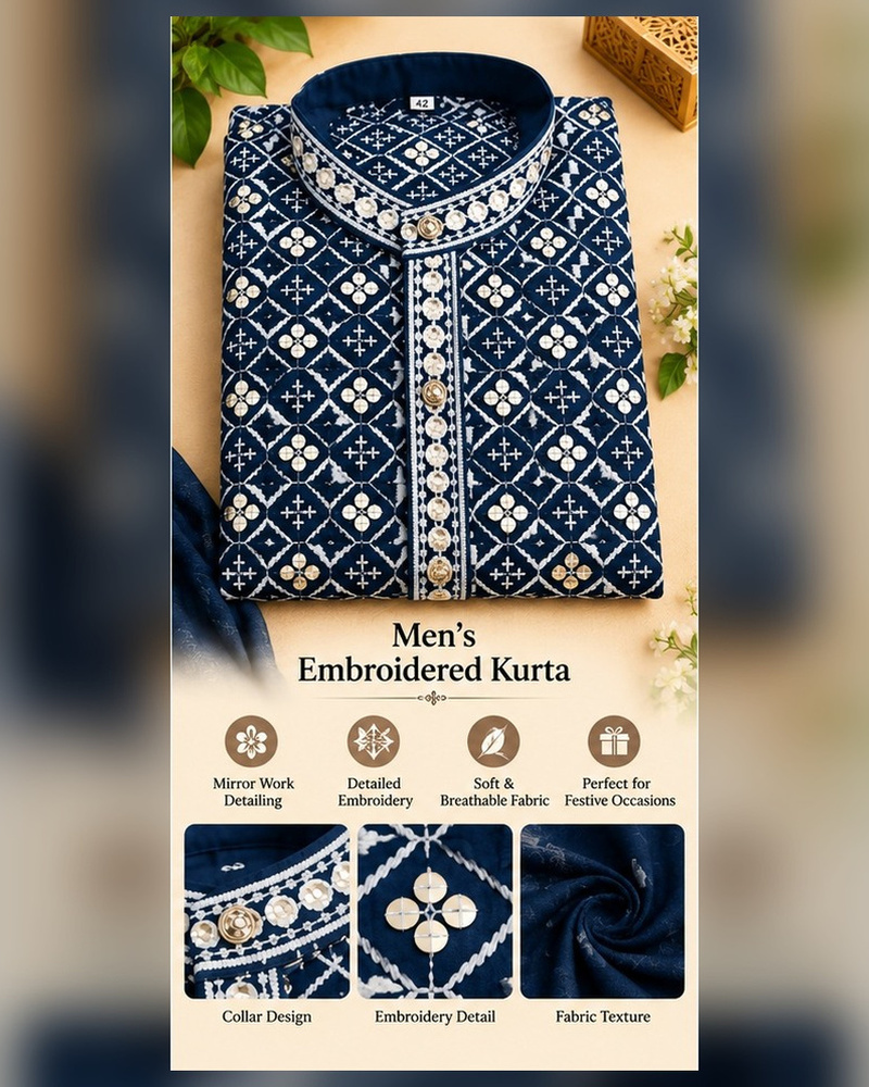 Navy Embroidered Mirror-Work Kurta