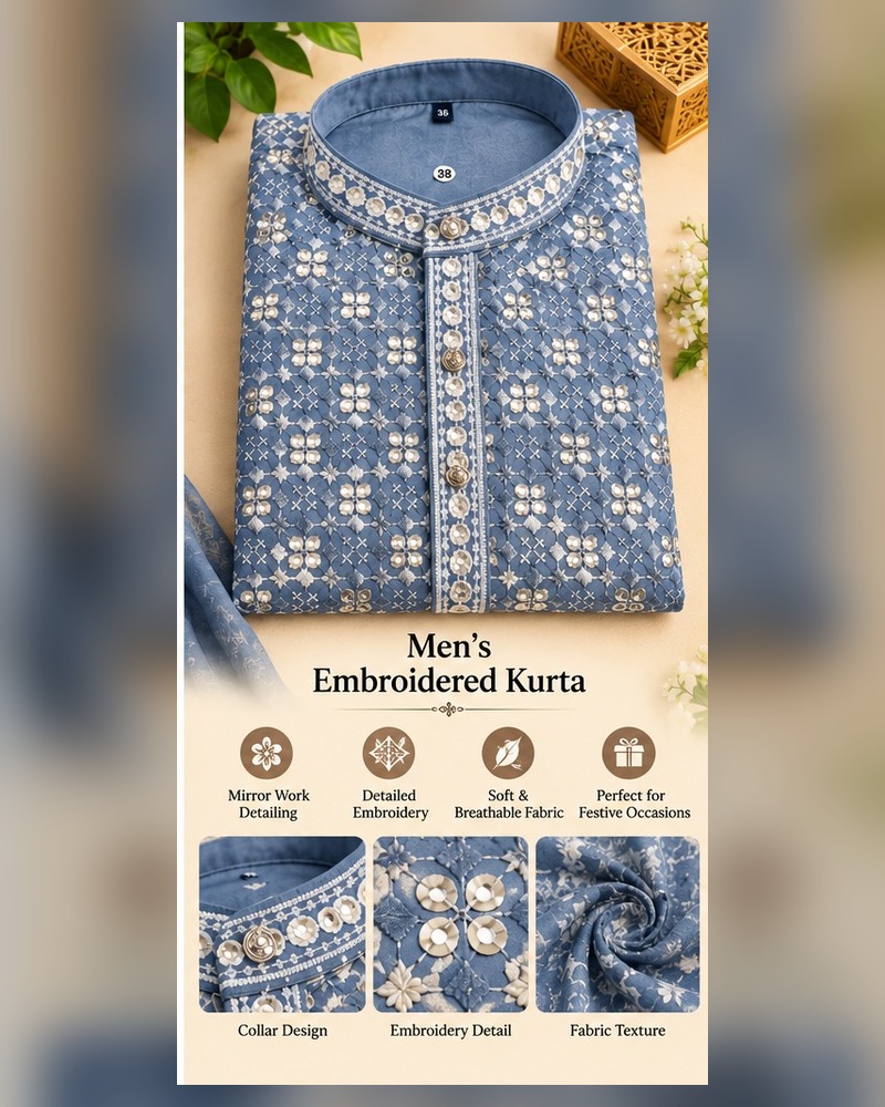 Slate Blue Embroidered Mirror-Work Kurta