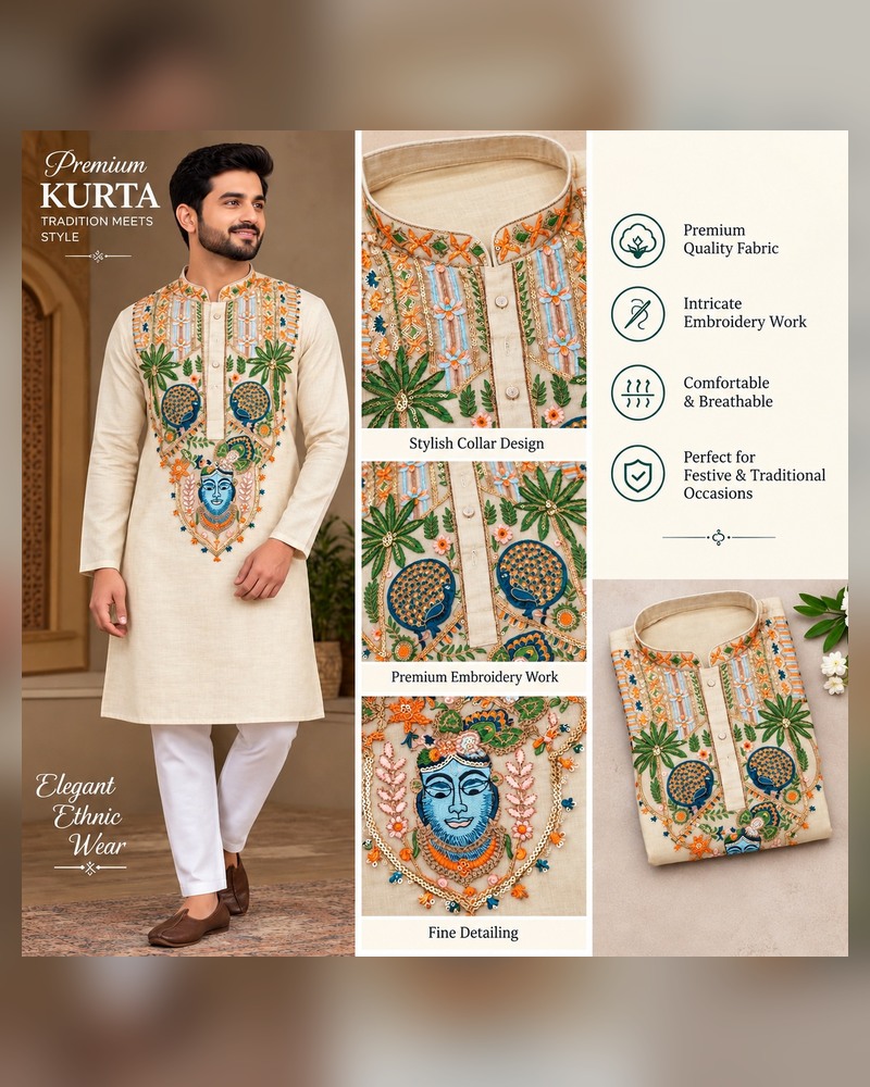 Cream Peacock Embroidered Kurta