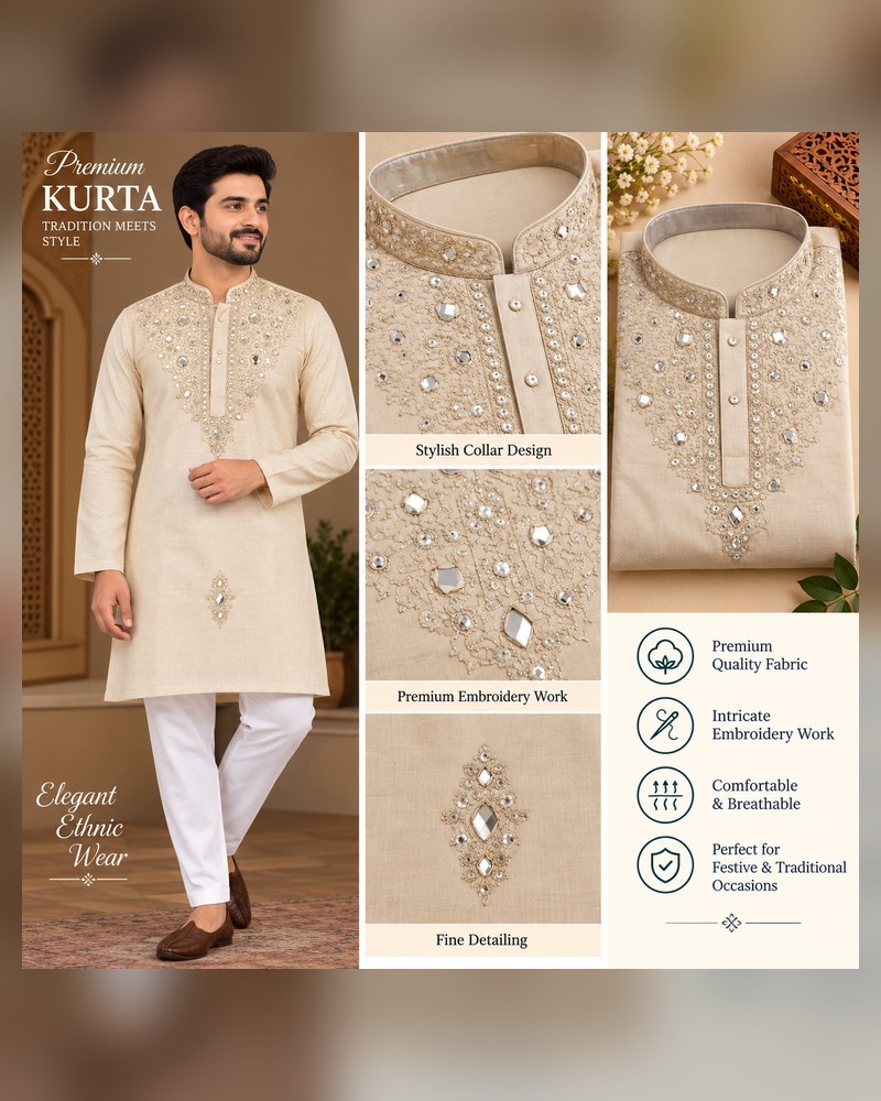 Cream Mirror-Work Short Kurta