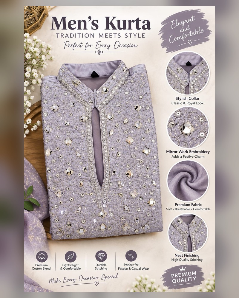 Lavender Mirror-Work Short Kurta