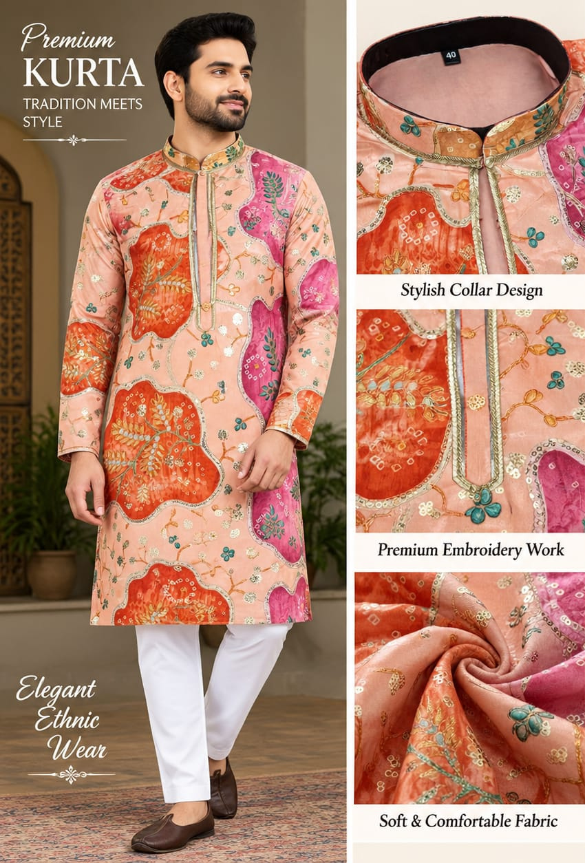 Peach Multicolour Embroidered Kurta