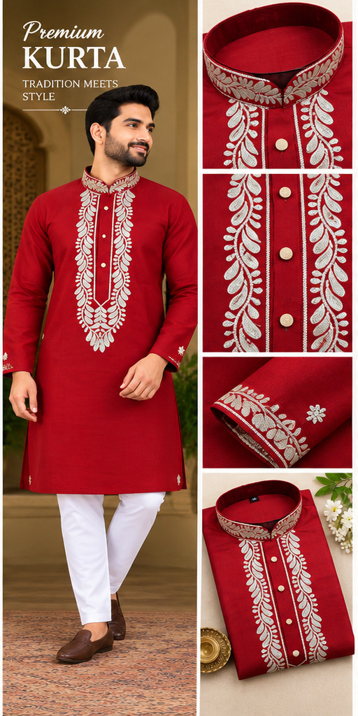 Red Leaf Embroidered Kurta