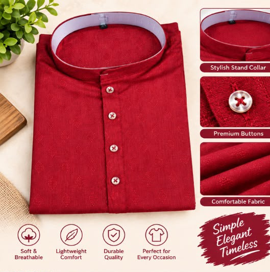 Crimson Textured Stand-Collar Kurta