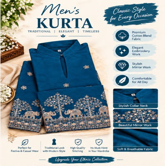 Teal Elephant Mirror-Work Kurta