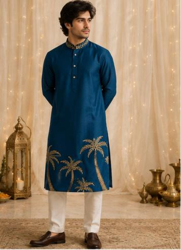Teal blue palm embroidered kurta model view